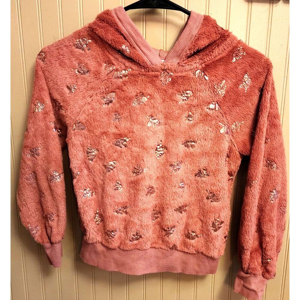Beautees Long Sleeve Foil Print Faux Fur Big Girl Banded Hoodie Size M